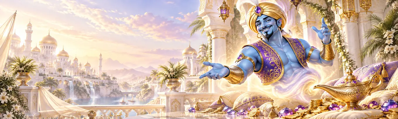 The Golden Genie rising from his lamp on a palace terrace