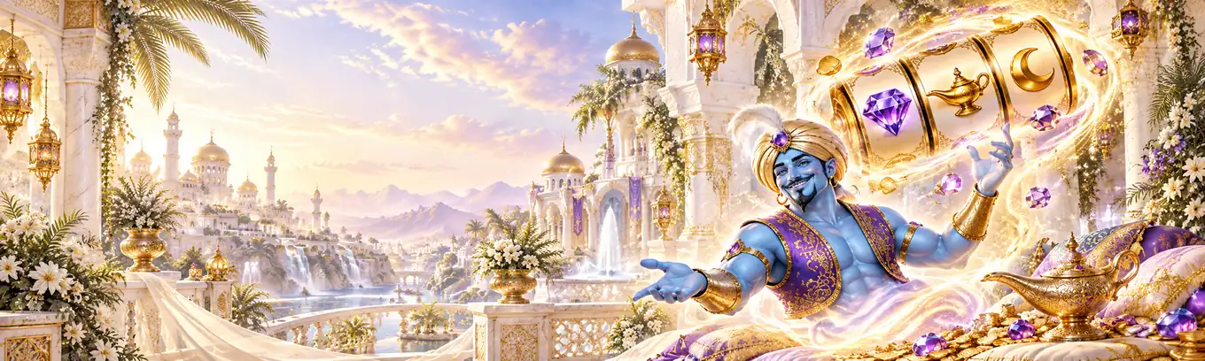 The genie spinning a golden reel of gems, lamps and crescents