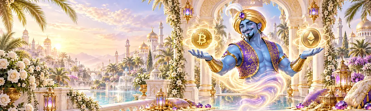 The genie holding Bitcoin and Ethereum coins above a lagoon